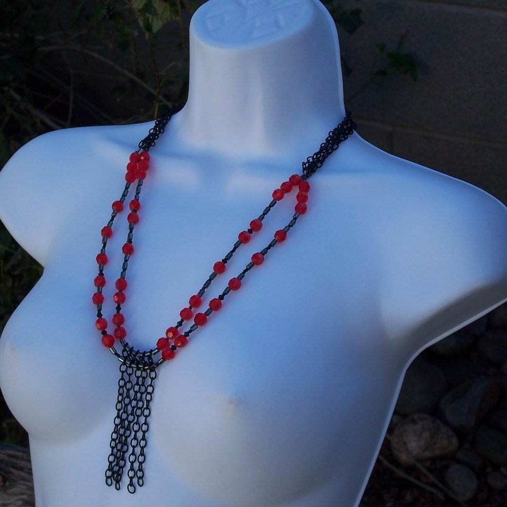 Handmade Double Strand Goth Beaded Necklace with Black Chains and Red Beads - Picture 4 of 16